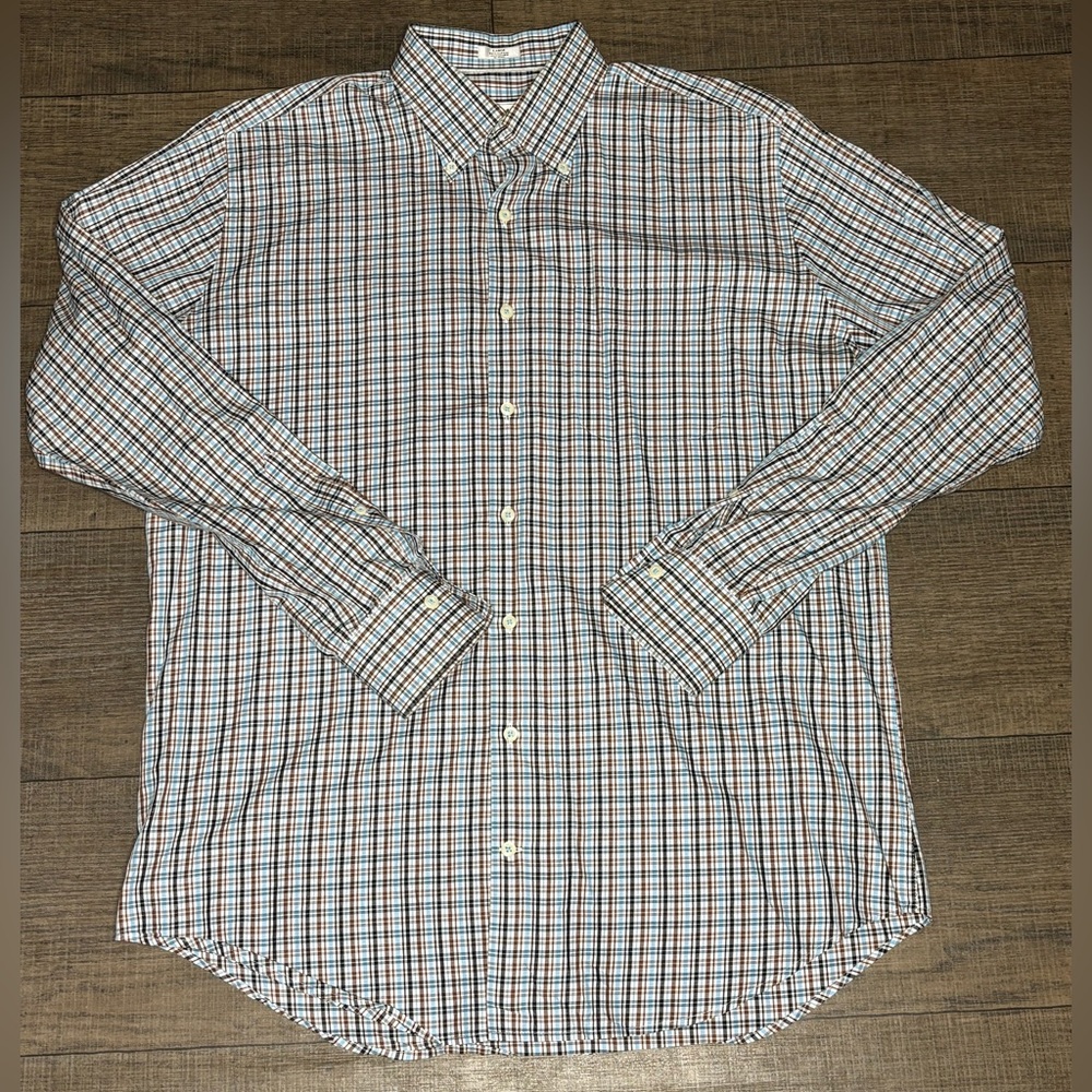 Peter Millar Men Button Up Shirt Blue Brown Plaid Long Sleeve Performance Large